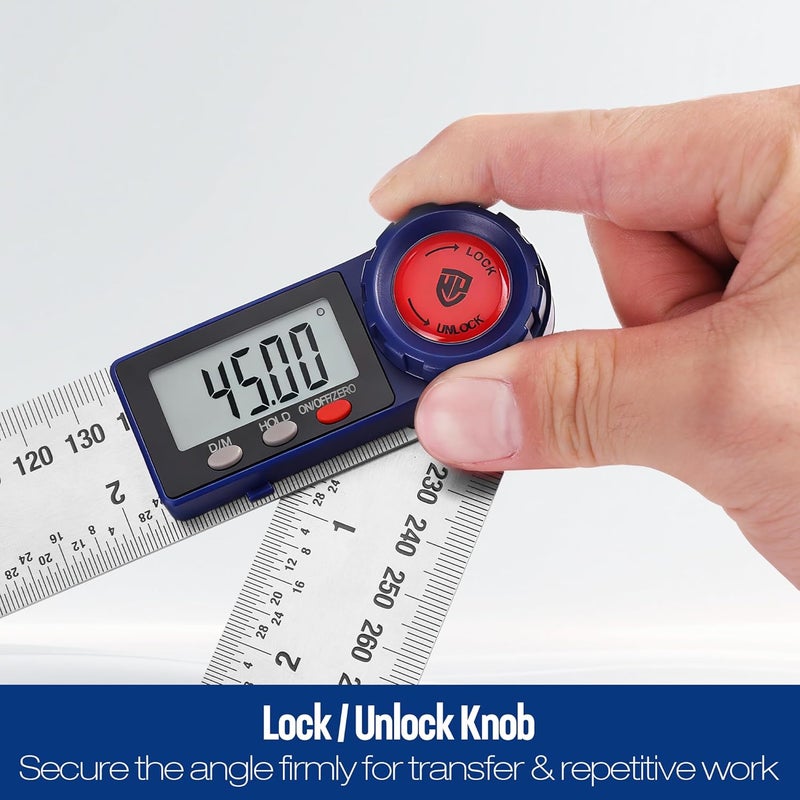 WORKPRO مقياس الزوايا الرقمي، أداة قياس الزوايا من الفولاذ المقاوم للصدأ بطول 7 بوصات / 200 مم مع وظيفة القفل والثبات، أداة قياس دقيقة مع حقيبة للأعمال الخشبية، النجارة، ومشاريع البناء - Image 4